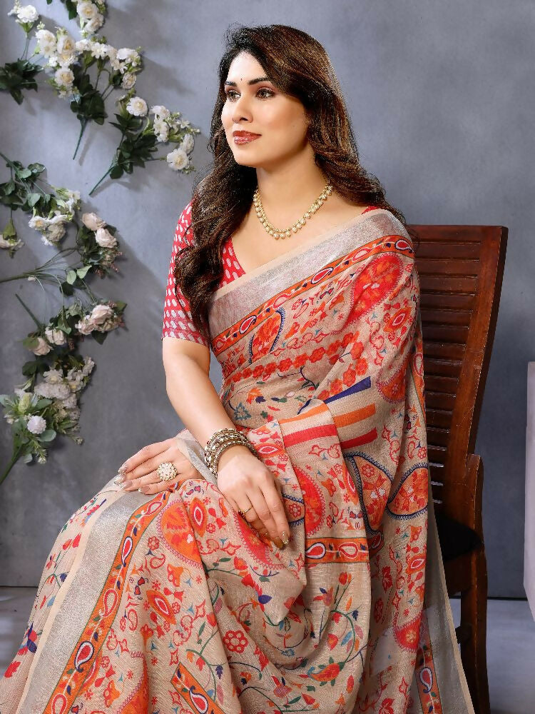 PR Fashion Orange Handloom Linen Cotton Saree | Grocsy