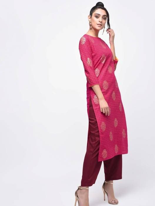 Aniyah Cotton Block Printed Pink Color Straight Kurta (AN-136K) | Grocsy