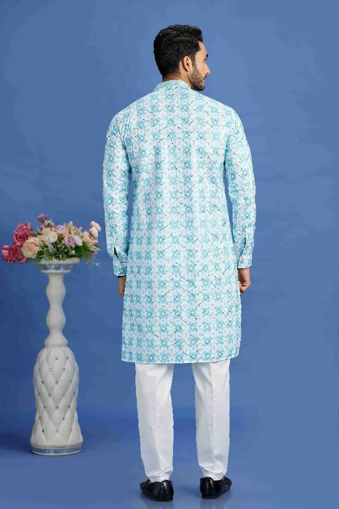 Raivat Ethnic Cotton Embroidery Kurta Pajama In Sky Blue Colour | Grocsy