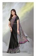 Black Crepe Satin Silk Designer Ready to wear saree with stithced Blouse - Mohmanthan Aura | Grocsy