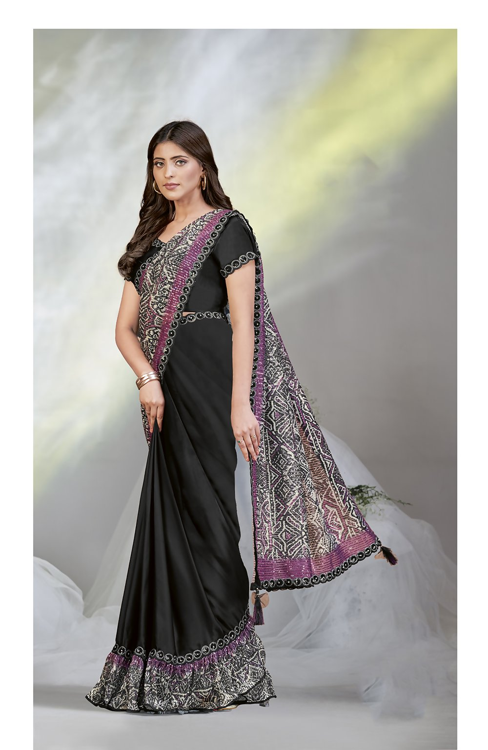 Black Crepe Satin Silk Designer Ready to wear saree with stithced Blouse - Mohmanthan Aura | Grocsy