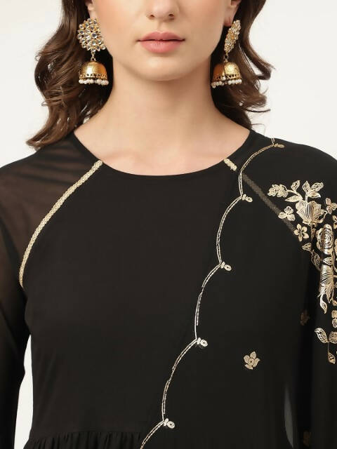 FIORRA Women's Black Poly Crepe Flared Kurta Pant With Dupatta | Grocsy