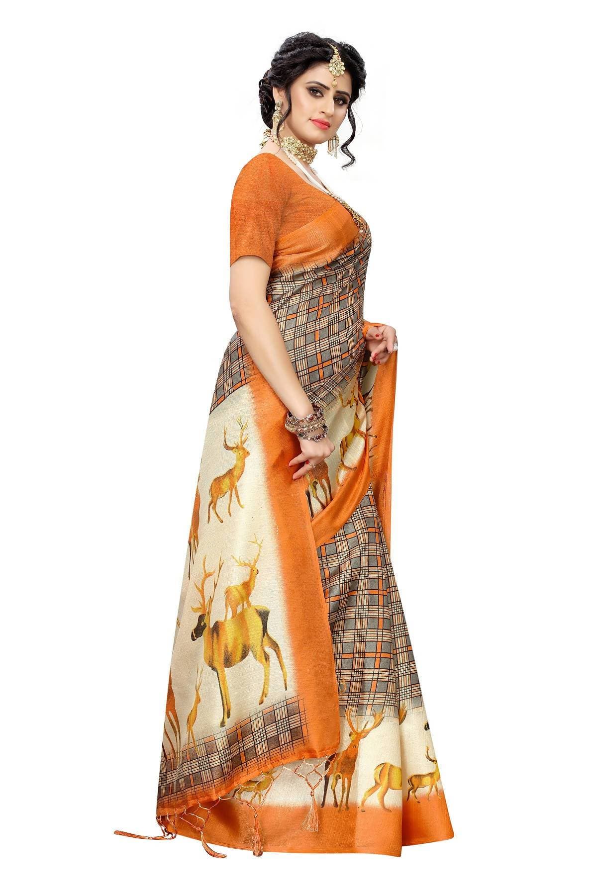 Vamika Multicolor Orange Kalamkari With Jhalar Khadi Silk Saree | Grocsy