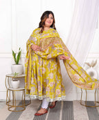 Miravan Women's Plus Size Cotton Gota Patti And Lace Border Details Floral Printed Yellow Anarkali Kurta And Dupatta Set | Grocsy