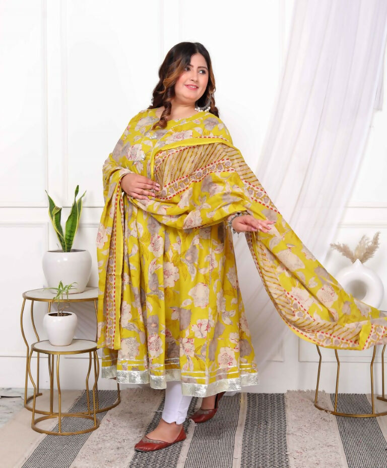 Miravan Women's Plus Size Cotton Gota Patti And Lace Border Details Floral Printed Yellow Anarkali Kurta And Dupatta Set | Grocsy