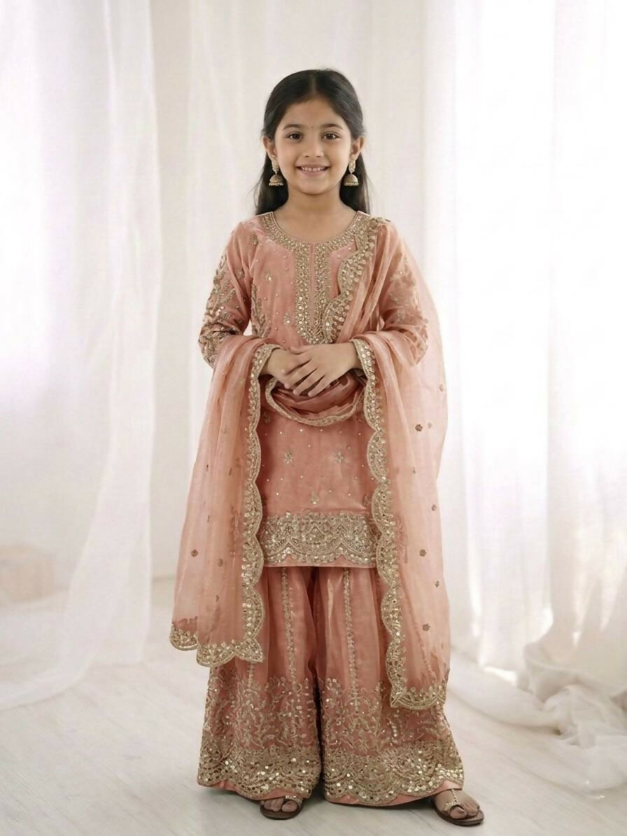 Teeya Creation New Trendy Fully Stitched Ready to Wear Kids Kurta Palazzo Set-Pink | Grocsy