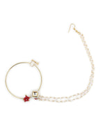 Gold-Polished White Red Kundan-Studded Pearl Beaded Nosepin - Ruby Raang | Grocsy
