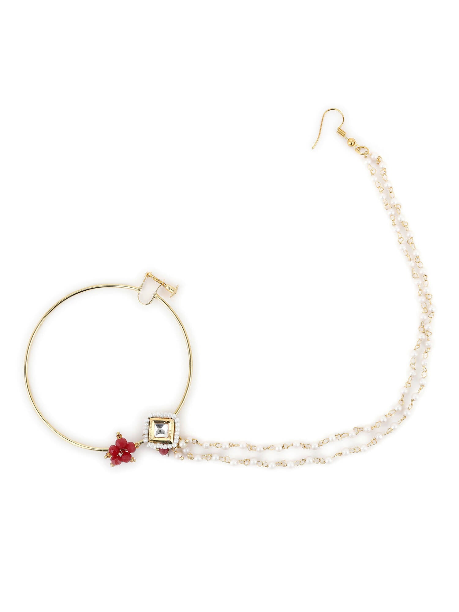 Gold-Polished White Red Kundan-Studded Pearl Beaded Nosepin - Ruby Raang | Grocsy