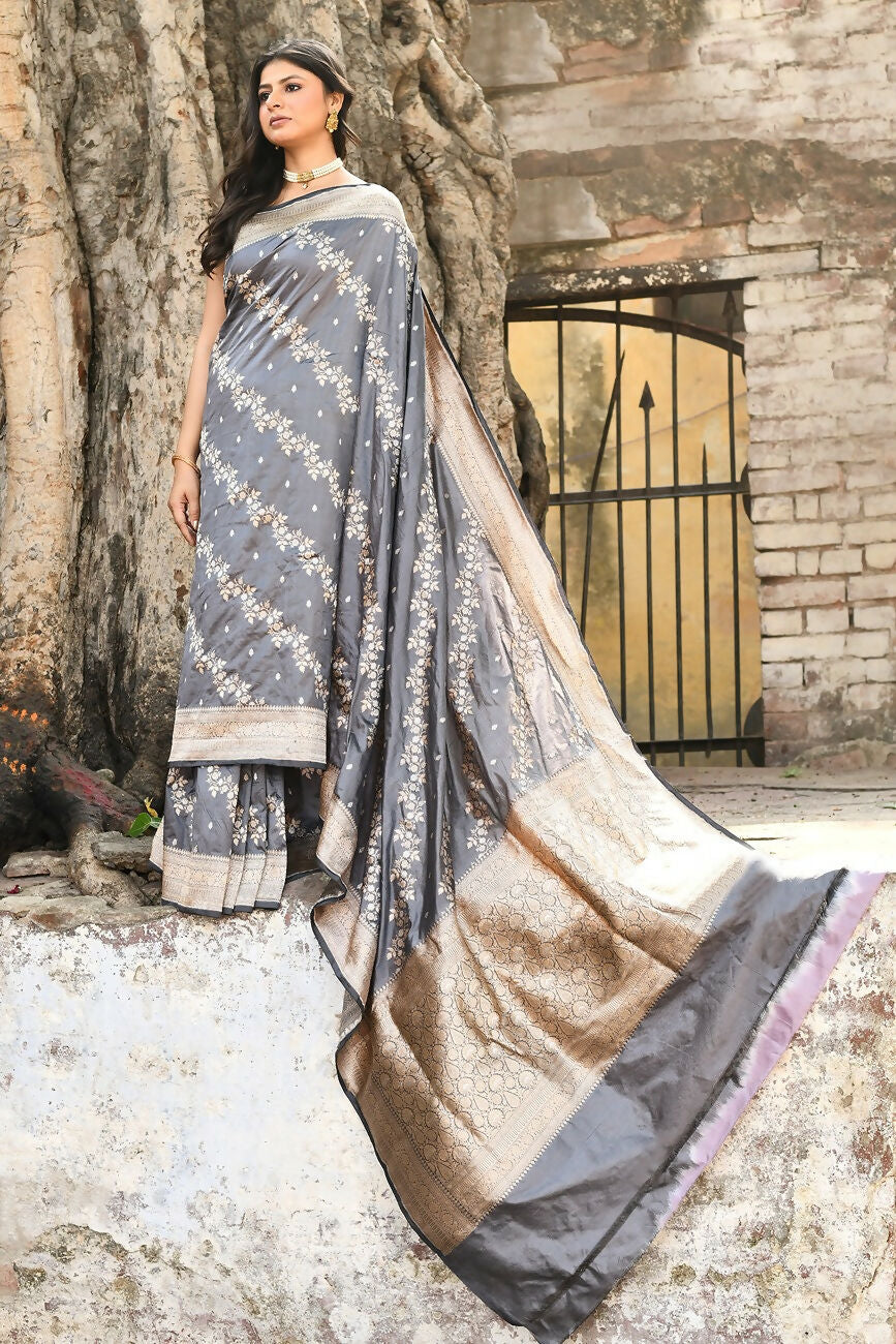 Joban Fashion Silver Grey Pure Katan Pure Handloom Banarasi Silk Saree | Grocsy