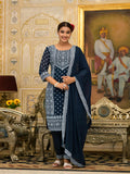 Juniper Women's Navy Ethnic Motif Printed Georgette Kurta Pant And Dupatta Set With Sequins & Beads | Grocsy