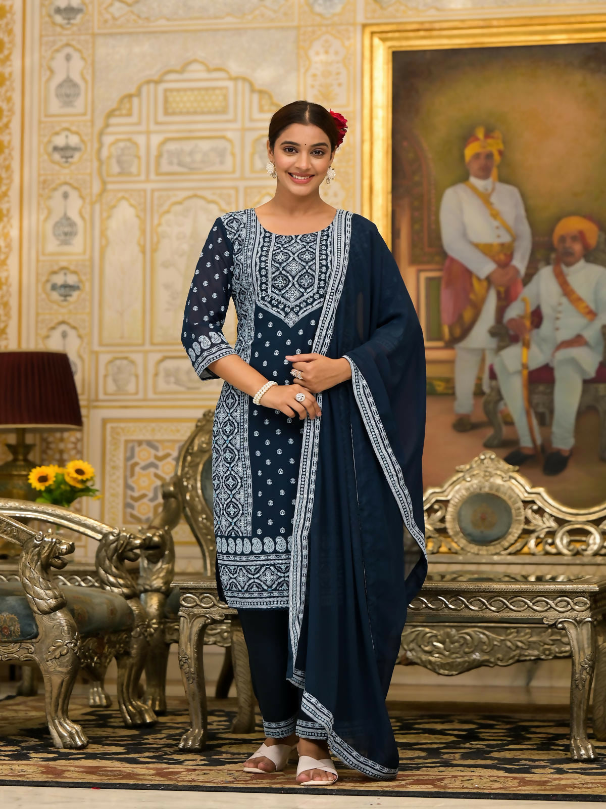 Juniper Women's Navy Ethnic Motif Printed Georgette Kurta Pant And Dupatta Set With Sequins & Beads | Grocsy