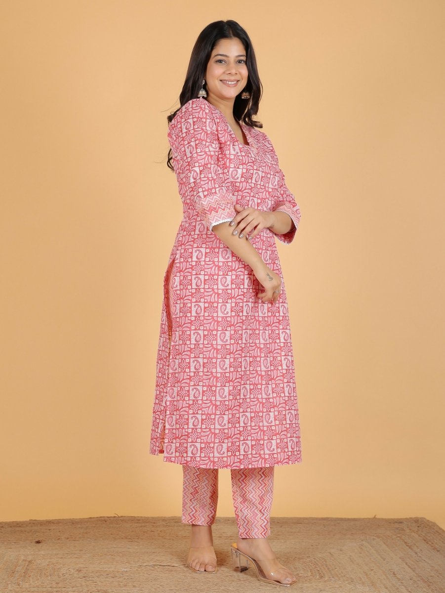 Aramya Straight Soft Cotton Abstract Print Women's Kurta Set - Pink | Grocsy