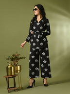 Myshka Women's Black Printed Polo Collar Party Top With Trousers Co-ord set | Grocsy