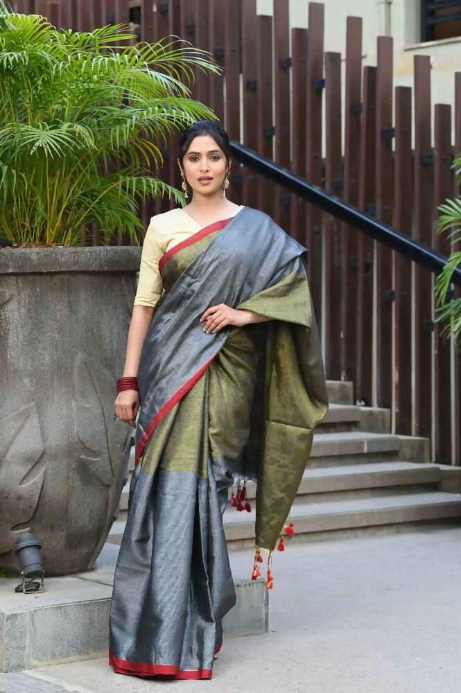 Beatitude Grey Tissue Silk Saree | Grocsy
