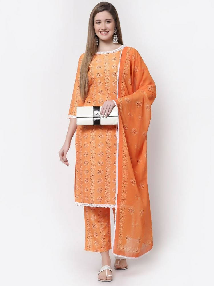 Myshka Mustard Color Cotton Printed Kurta With Pant Dupatta Set | Grocsy