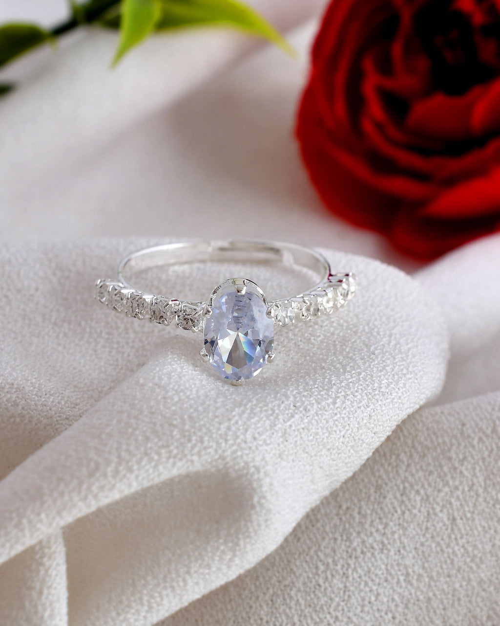 VOJ white CZ-detail Stainless Steel Cubic Zirconia Silver Plated Adjustable Finger Ring | Grocsy