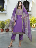 Vellora Royal Purple Silk Blend Embroidered Casual Suit for Women | Grocsy
