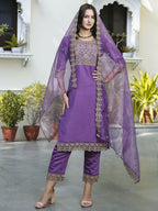 Vellora Royal Purple Silk Blend Embroidered Casual Suit for Women | Grocsy