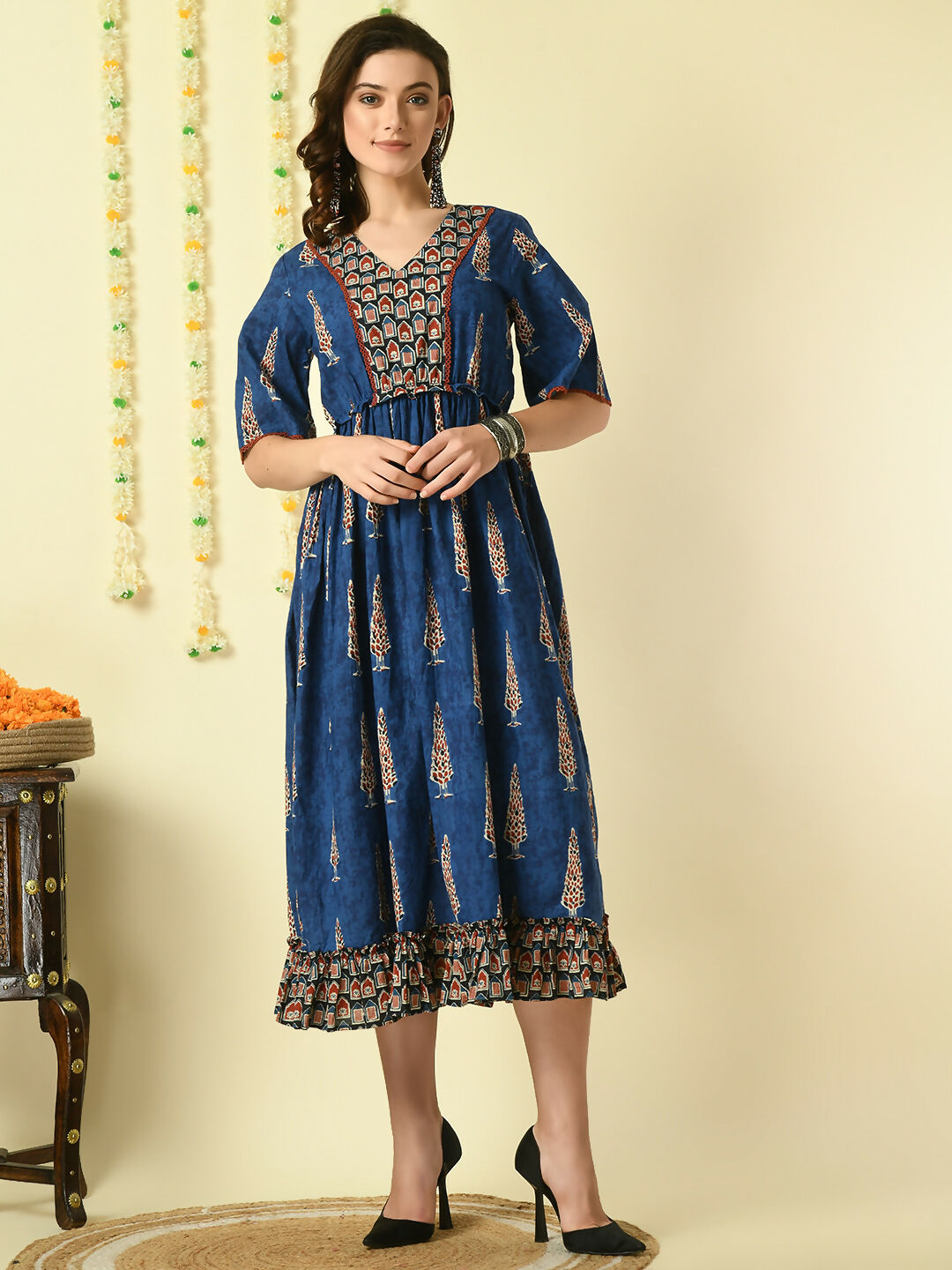 Myshka Women's Blue Printed Cotton Party Dress | Grocsy