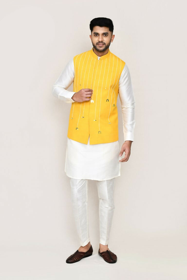 Joban Fashion White Colored Art Silk Fabric Kurta, Jacket With Straight Fit Pant | Grocsy