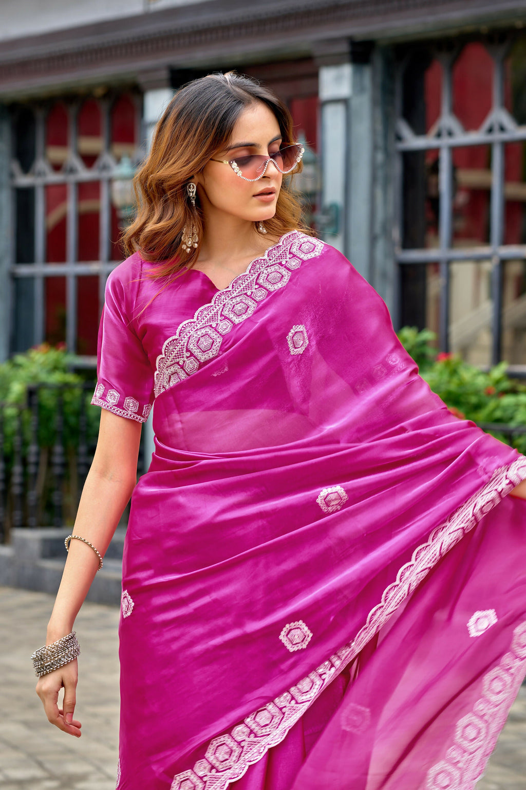 Vastranavya Pink Embroidery Work Shimmer Chiffon Saree with Unstitched Blouse | Grocsy
