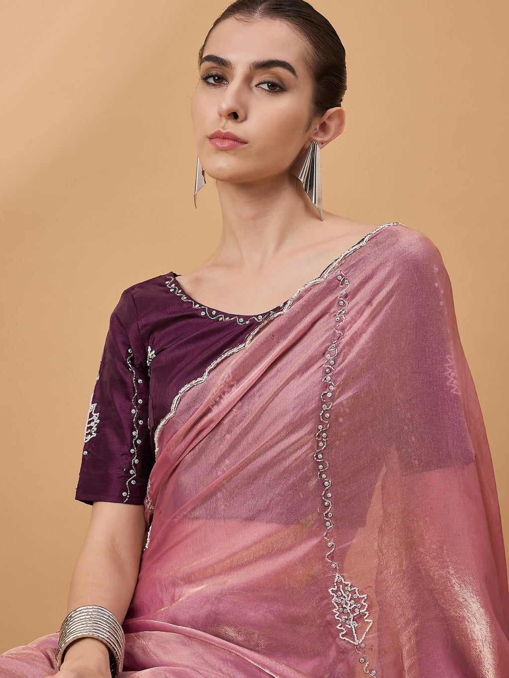 Pink Muslin Embroidered Saree with Unstitched Blouse Piece - Satya | Grocsy