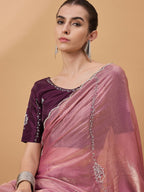Pink Muslin Embroidered Saree with Unstitched Blouse Piece - Satya | Grocsy