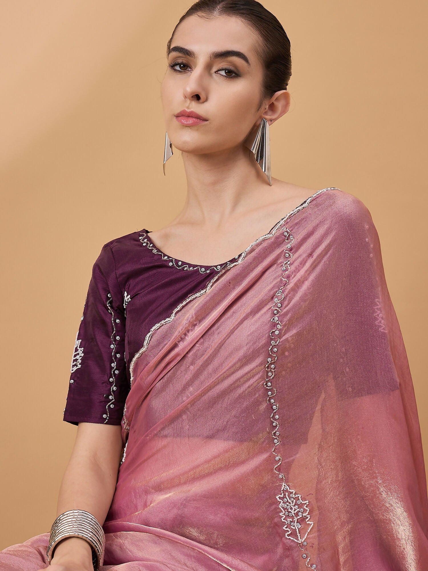 Pink Muslin Embroidered Saree with Unstitched Blouse Piece - Satya | Grocsy