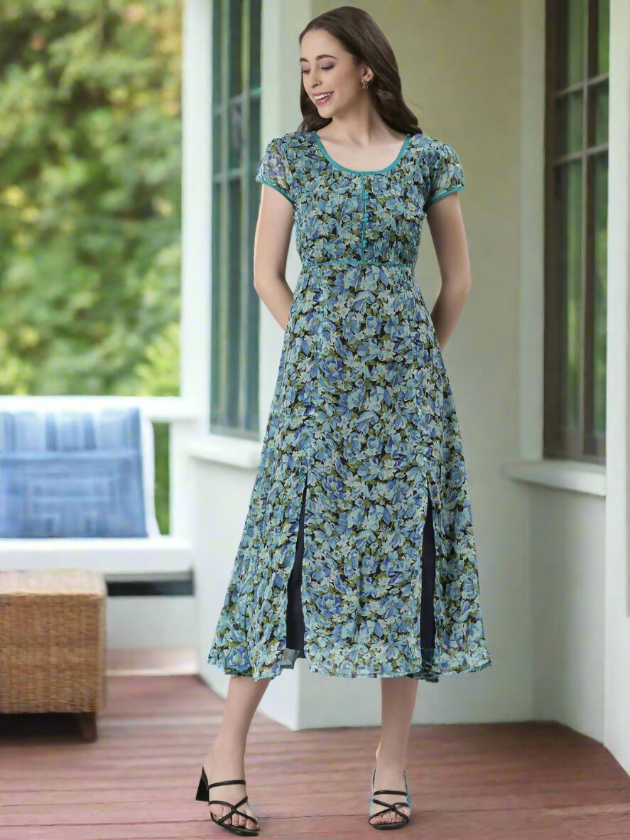 Souchii Teal & Blue Floral Printed Fit & Flare Dress | Grocsy