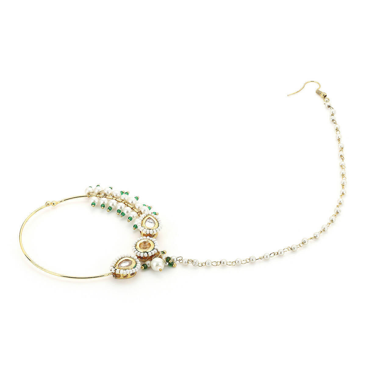 Gold-Polished White Kundan Studded Pearl Beaded Nose Pin - Ruby Raang | Grocsy