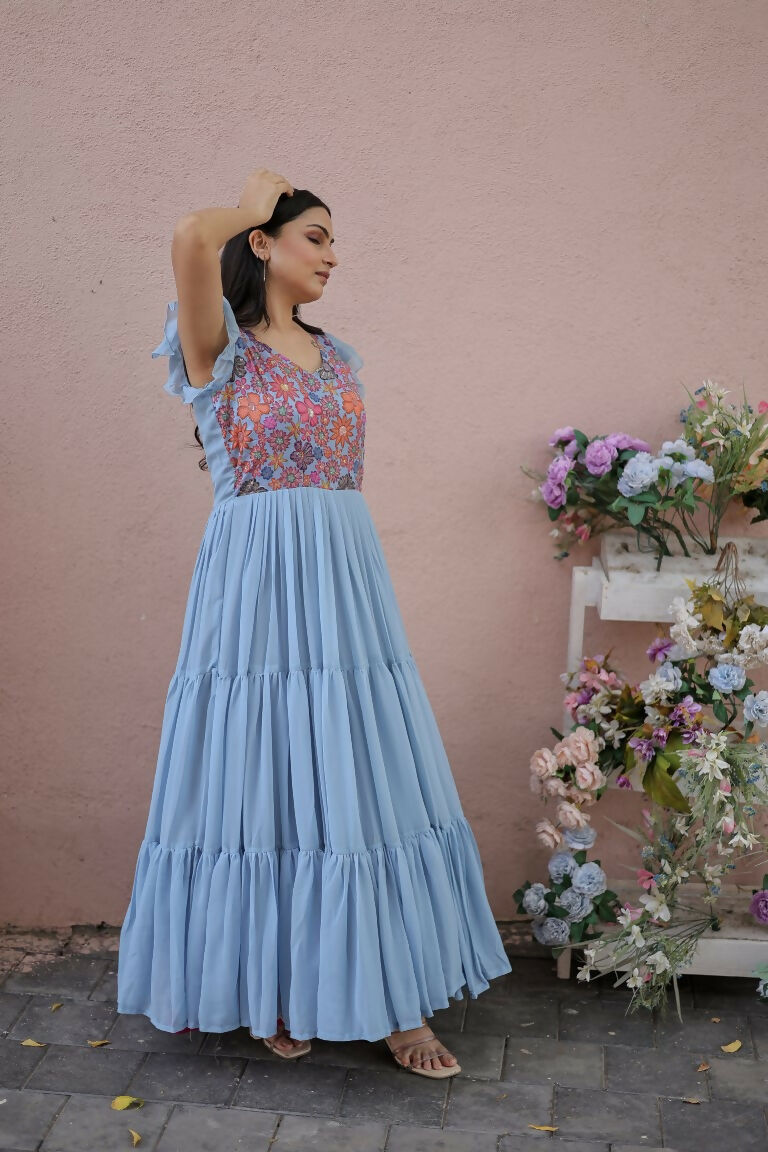 Jyoti Fashion Women's Grey Printed with Sequins Faux Georgette Anarkali Dress | Grocsy
