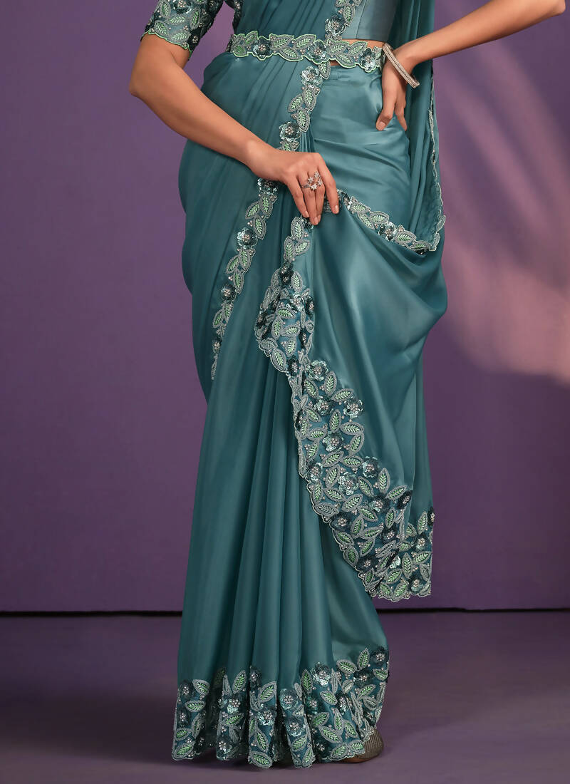 Rama Crepe Satin Silk Embroidered Saree With Stitched Blouse - Mohmanthan Exotica | Grocsy