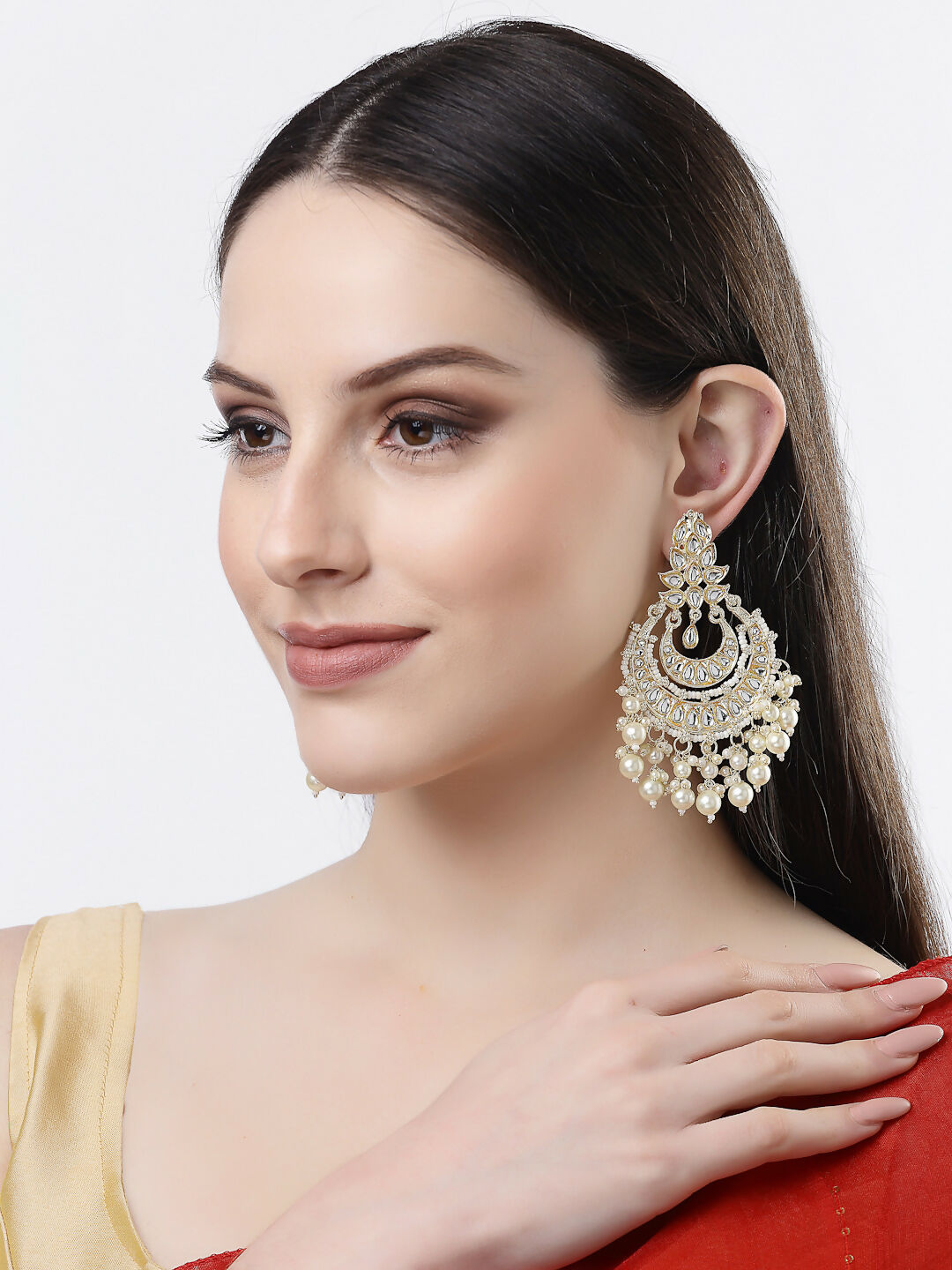 NVR Women Gold-Polished Kundan Chandbali Earrings | Grocsy