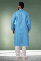 Raivat Ethnic Cotton Printed Work Kurta Pajama In Light Blue Colour | Grocsy