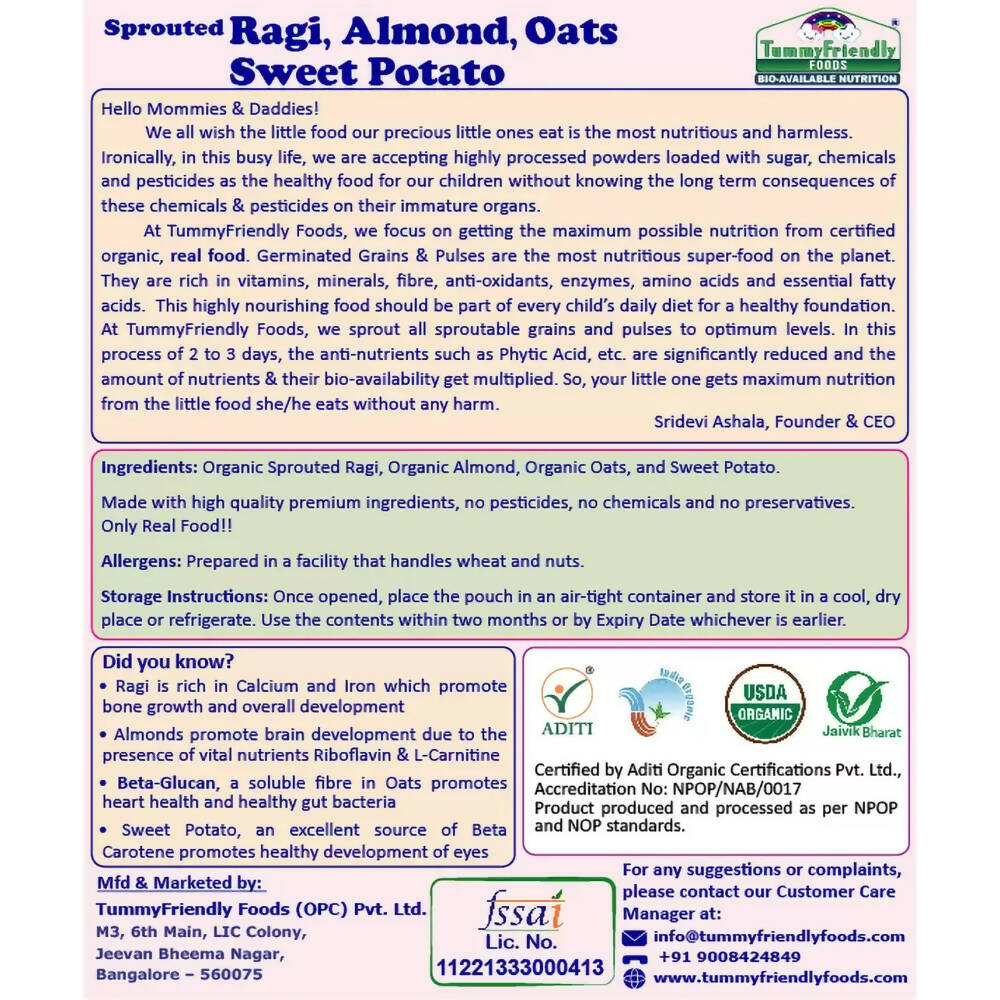 TummyFriendly Foods Certified Organic Sprouted Ragi, Almond, Oats, Sweet Potato Porridge Mix | Grocsy