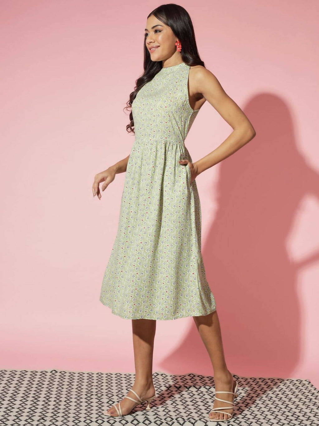 Myshka Women Ethnic Motifs Rayon A-Line Round Neck Green Dress | Grocsy