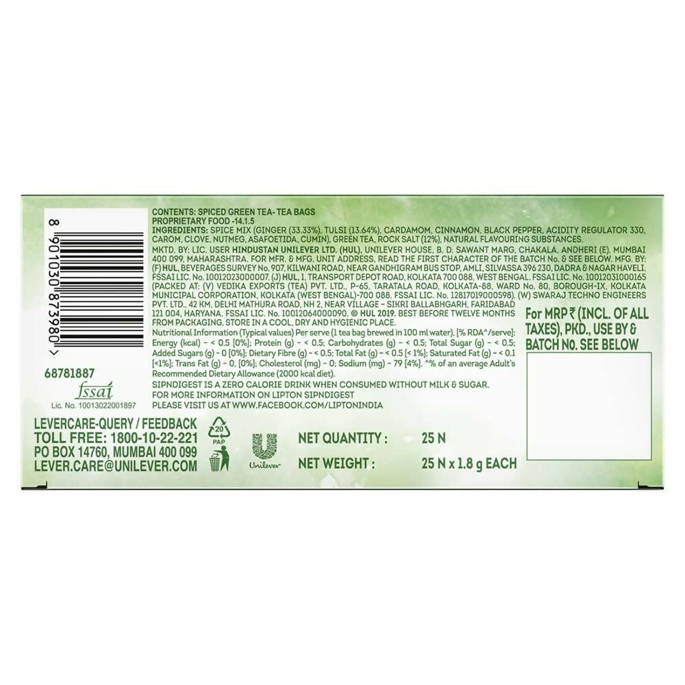 Lipton SipNDigest With Tulsi & Rock Salt Ginger Green Tea Bags | Grocsy