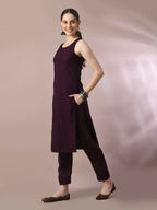 Myshka Women's Magenta Embroidered Cotton Straight Party Kurta Set | Grocsy