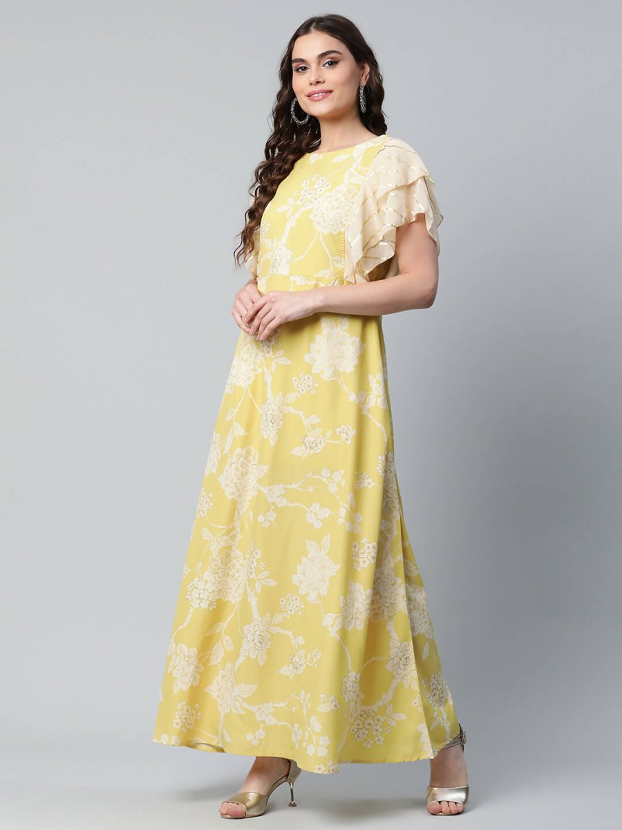 Ahalyaa Womens Lemon Yellow Crepe Floral Dress | Grocsy