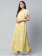 Ahalyaa Womens Lemon Yellow Crepe Floral Dress | Grocsy