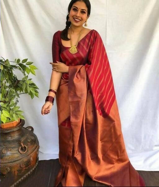 DEIANA'S Beautiful Designer Golden zari Soft Lichi Silk Saree - Brown | Grocsy