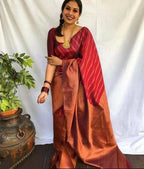 DEIANA'S Beautiful Designer Golden zari Soft Lichi Silk Saree - Brown | Grocsy