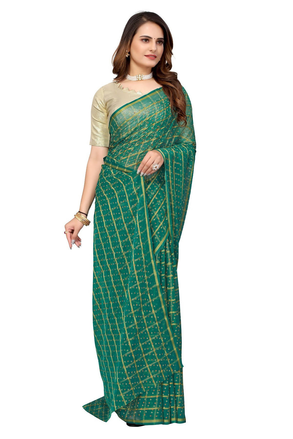 Vamika Ethnic Fire Green Jari Work Chiffon Saree | Grocsy
