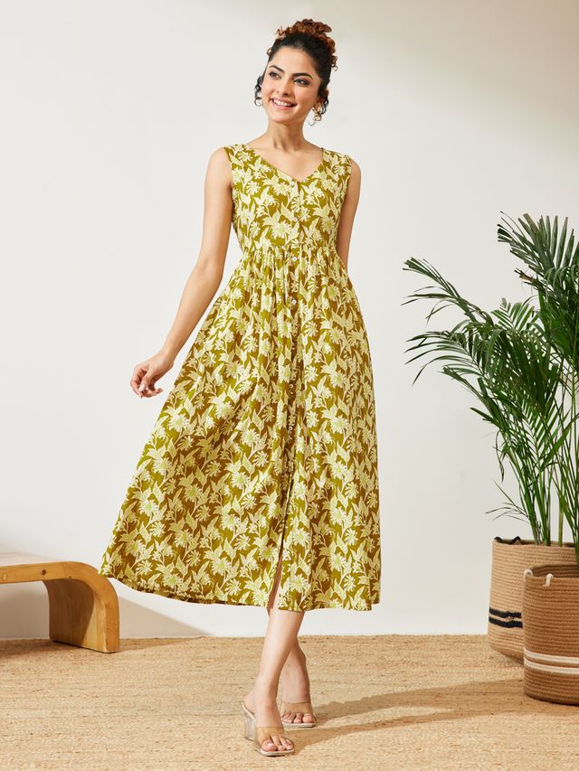Janasya Olive A-Line Cotton Dress | Grocsy