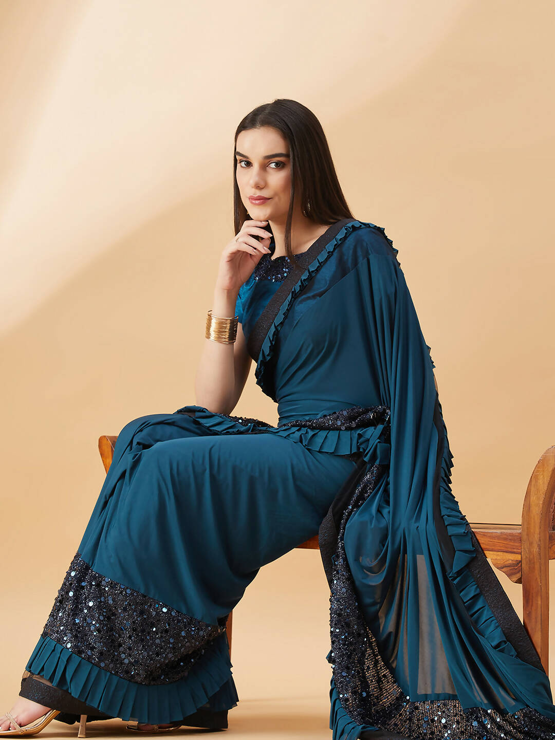Peacock Blue Lycra Sequins Fabric. Frill Details, Handwork Buttis Saree - Norita Hit Design | Grocsy