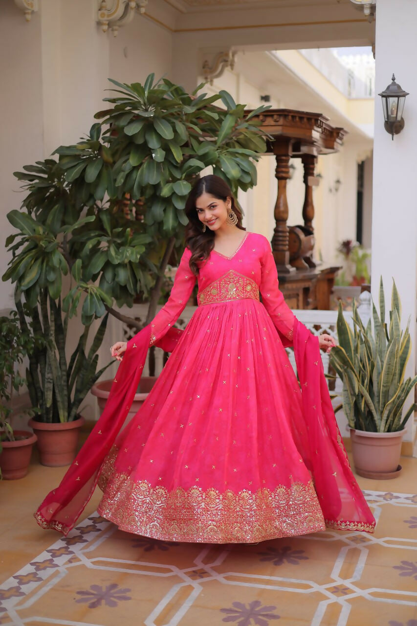 Teeya Creation Womens New Trending Digital Printed Russian Silk With Embroidery Zari Sequins-Work Gown Set | Grocsy