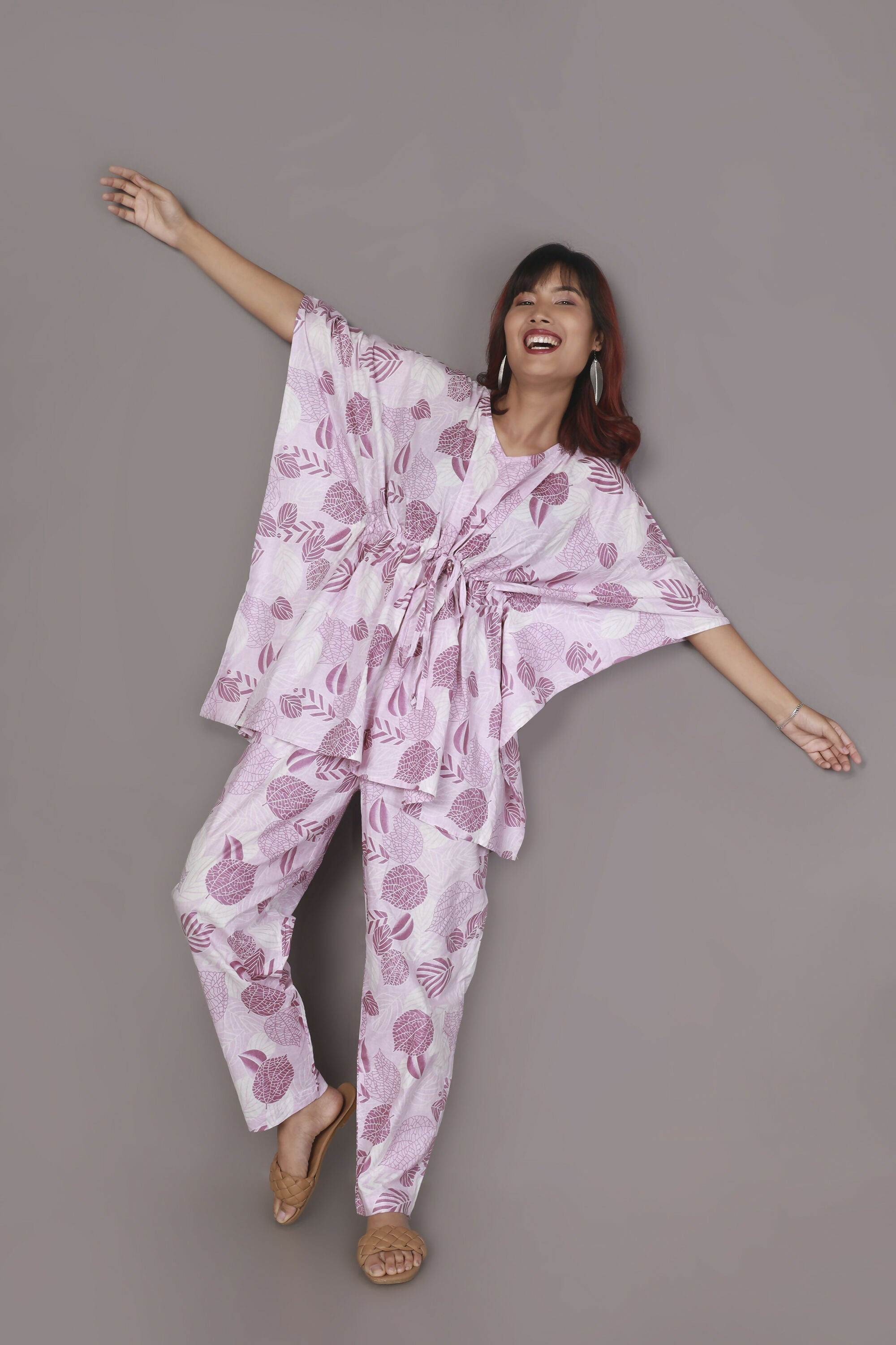 Breathables Women’S Loungewear Kaftan Cotton Pink Nature-Inspired Print Co-Ord Set | Grocsy