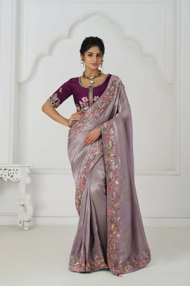 Kesar Fab Stunning Mauve Color With Multi-Thread And Sequins Embroidery Saree | Grocsy