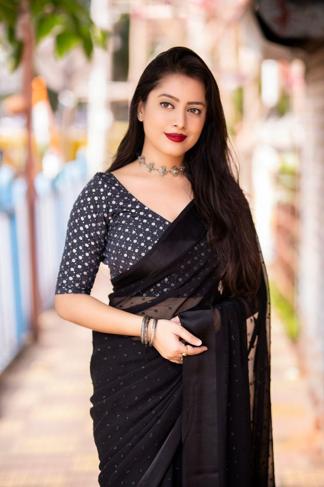 Black Poly Chiffon Woven Design Saree with Unstitched Blouse - A2M | Grocsy