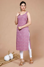 Miravan Women's Ethnic Motifs Printed Sweetheart Neck Shoulder Straps Cotton Straight Kurta | Grocsy